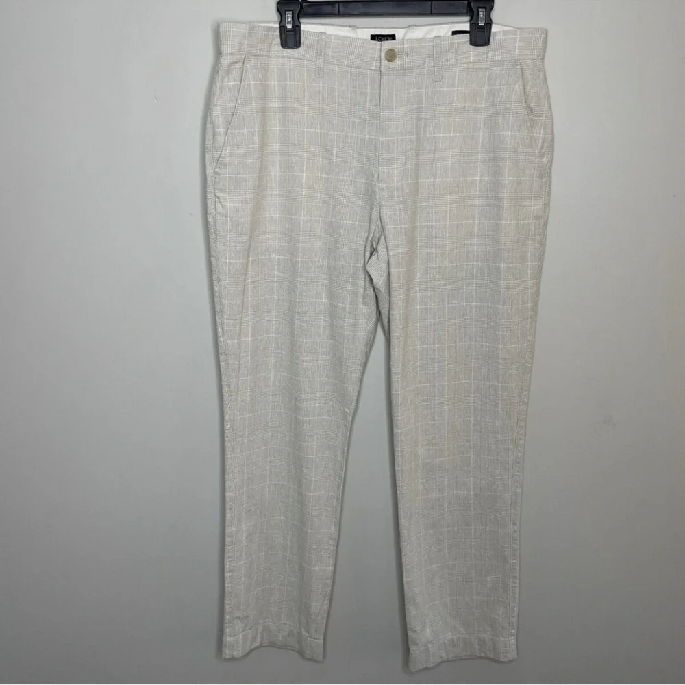 J.CREW Pants Men 33x32‎ Linen Cotton Straight Fit Beige Plaid BH747